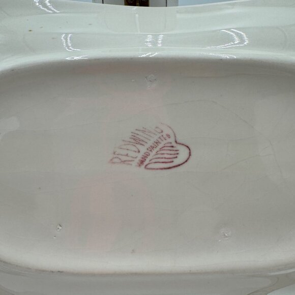 RED WING POTTERY tray small oblong PLATE RED GREY FLOWERS GREEN RED LEAVESF - Picture 2 of 5